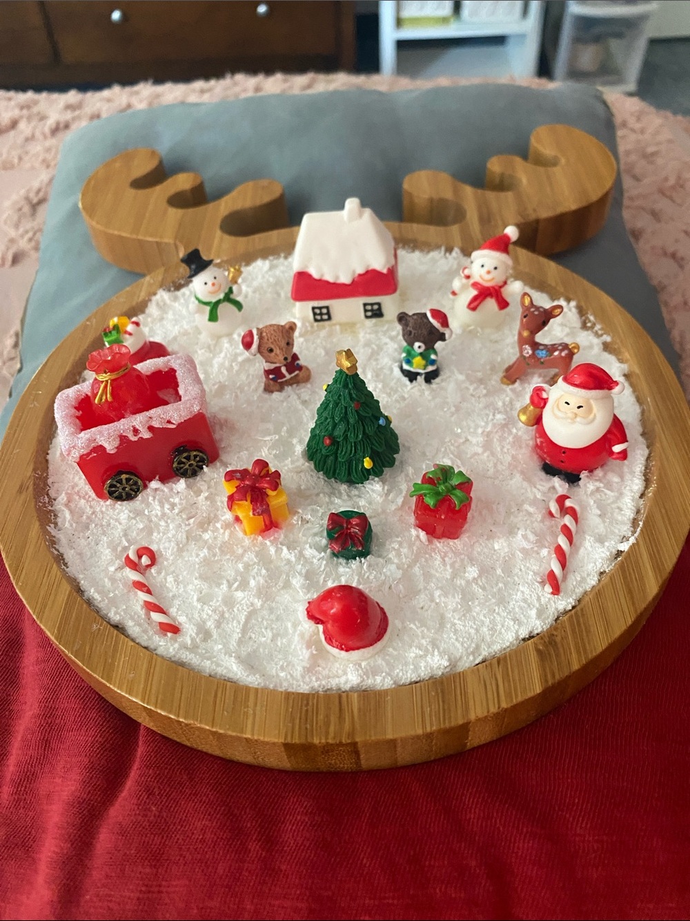 Holiday Reindeer Decorative Snow Tray with Red and Green Miniatures
